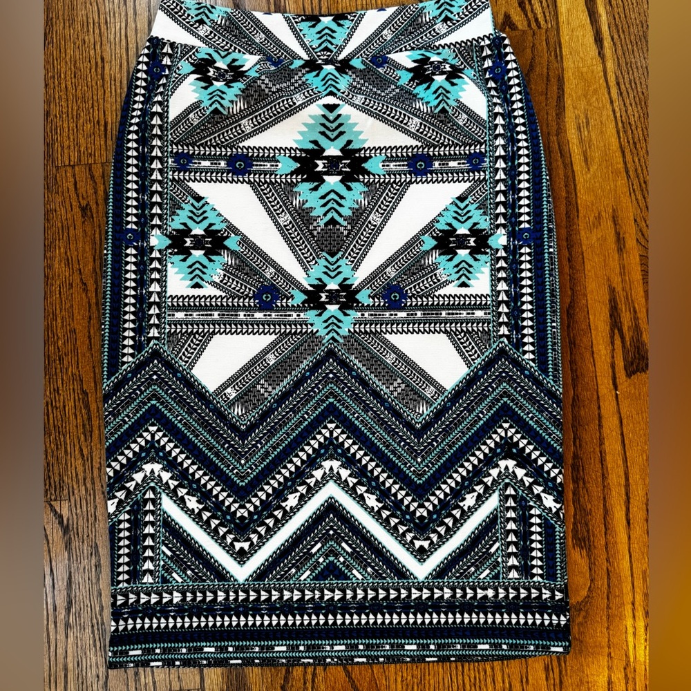 Renee C. Geometric Tribal Print Pencil Skirt Teal Blue Black White sz medium